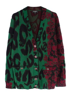 Chanel Green Leopard Print Longline Cashmere Blend Cardigan