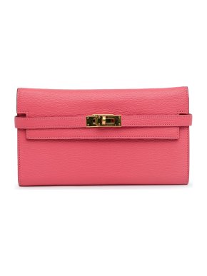 Hermes  Kelly Longue Wallet in Pink Chevre Mysore Leather with  Gold Hardware
