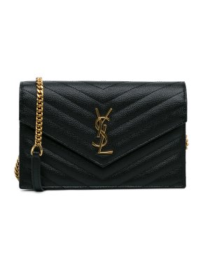 Saint Laurent Black Grain De Poudre Cassandre Envelope Wallet on Chain