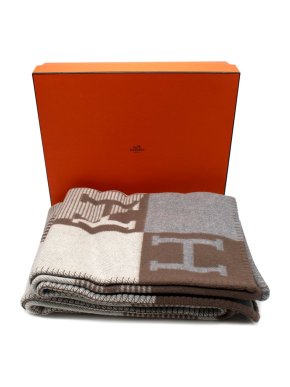 Hermes Hermès Brown and Grey Echec Et Trams Wool Blend Blanket