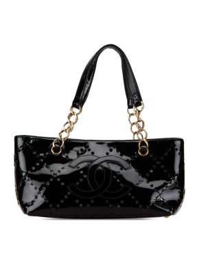 Chanel Black Patent Leather Small CC Perforated Tote Bag