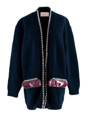 Christopher Kane Navy Wool Crystal Trimmed Jelly Pocket Cardigan