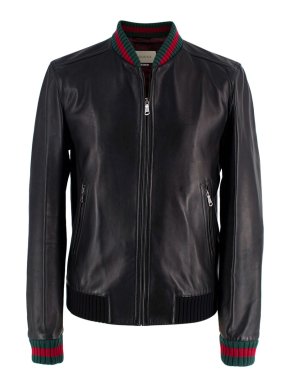 Gucci Black Leather Bomber Jacket with Web Detail
