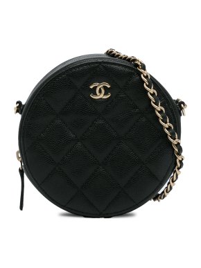 Chanel Black CC Quilted Caviar Round Clutch With Chain