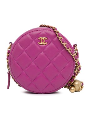 Chanel Pink CC Quilted Lambskin Pearl Crush Round Clutch with Chain