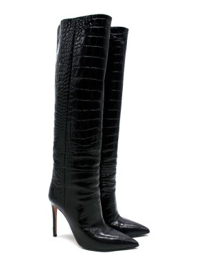 Paris Texas Black Croc Embossed Knee-High Boots