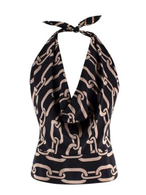 Nili Lotan Black Agathe Chain Print Silk Halterneck Top