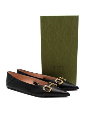 Gucci Black Leather Horsebit Pointed Ballet Flats