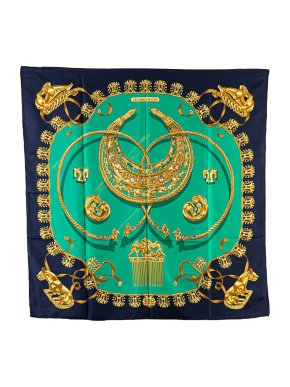 Hermes Black and Green 'Les Cavaliers D'or Rybal' Silk Scarf 1