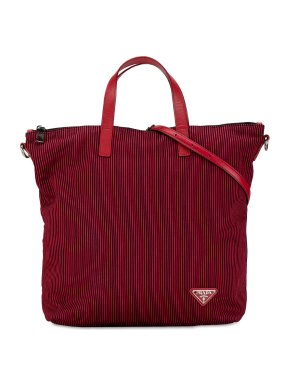 Prada Red Striped Tessuto Stampato Tote Bag 1