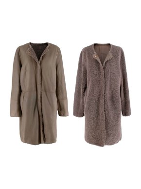 Yves Salmon Grey-Brown Reversible Shearling Collarless Coat