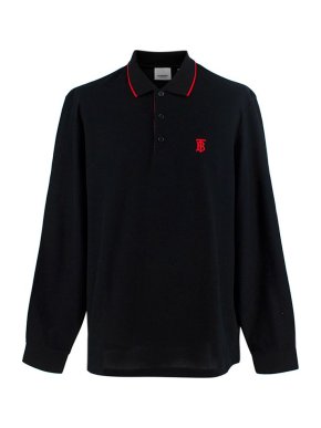 Burberry Black Walton Long Sleeve Cotton Pique Polo Shirt