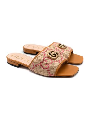 Gucci Jolie GG Raffia and Leather Slides