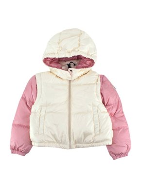 Moncler Cream and Pink Hooded Puffer Coat