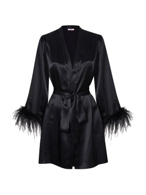 Gilda& Pearl Black Camille Feather Trimmed Silk Short Robe