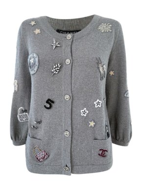 Chanel Grey Lucy Charms Embellished Cashmere Cardigan