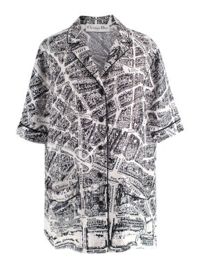 Dior Black and White Short Sleeve Map Printed Silk Shirt