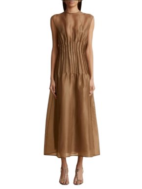 Khaite Taupe Gathered Waist Silk Wes Dress