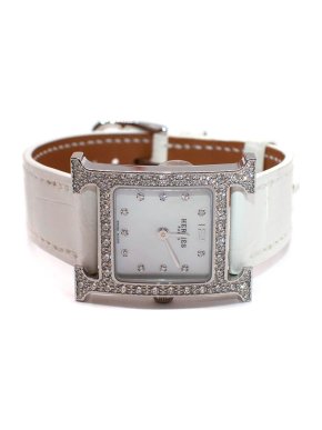 Hermes Hermès White Heure H Watch in Matte Chantilly Alligator with Diamonds