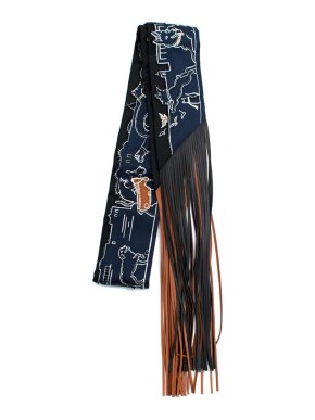 Hermes Hermés Navy and Black Beaded Silk Twilly with Leather Fringing
