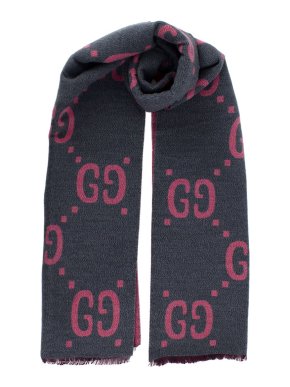 Gucci Grey/Pink Reversible Wool Blend Monogram Scarf