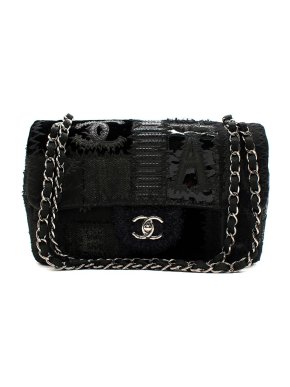 Chanel Black Patchwork Tweed Single Flap Shoulder Bag