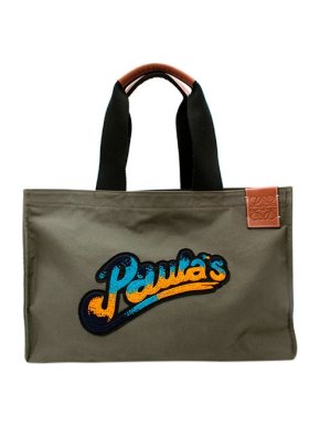 Loewe x Paula's Ibiza Khaki Canvas Beaded Logo Large Tote Bag