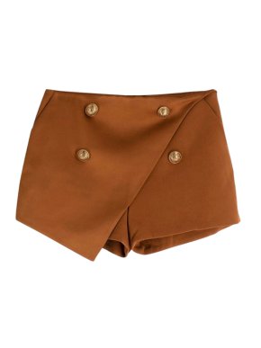 Balmain Tan Satin Skort with Gold Button Detail