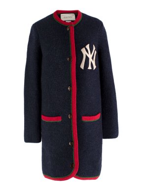 Gucci Navy Longline Knitted NY Cardigan with Embellished Detail