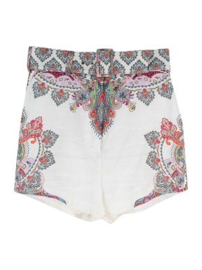 Zimmermann White Belted Paisley Print Linen Shorts