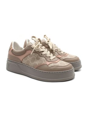 Gucci Beige and Pink Monogram Platform Trainers