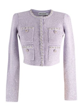Self Portrait Lilac Cropped Crystal-Embellished Metallic Cardigan