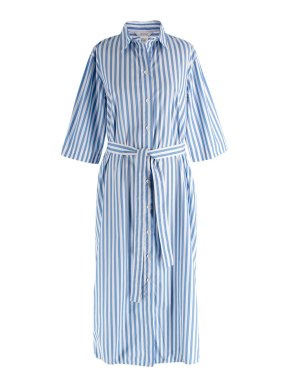 MaxMara Blue and White Striped Tie Belt Midi Dress