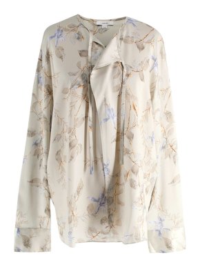 Vince Green Bellflower Silk Tie-Neck Blouse