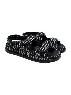 Chanel Black CC Logo Tweed Velcro Dad Sandals