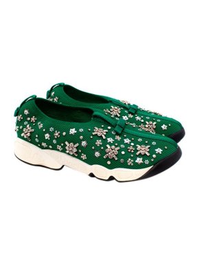 Dior Green Embellished Mesh Fusion Slip-On Sneakers