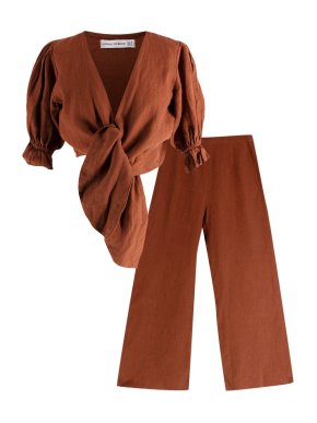 Faithfull The Brand Brown Tie Front Linen Top and Wide Leg Trouser Set 1