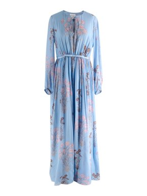 Giambattista Valli Light Blue Floral Tie Neck Silk Maxi Dress