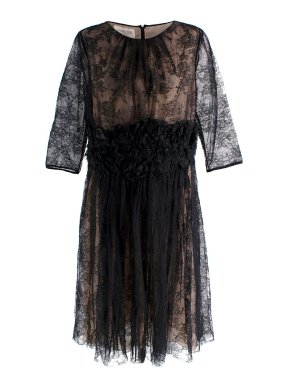 Giambattista Valli Haute Couture Black Lace Dress with Nude Underlay and Floral Applique Waist 1