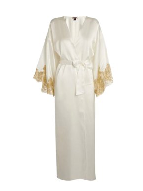 Gilda & Pearl Ivory Silk and Lace Kimono Long Robe