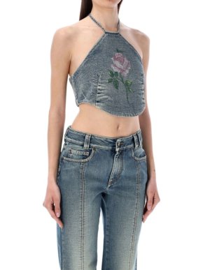 Alessandra Rich Embellished Rose Denim Halterneck Top & Jeans Set 1