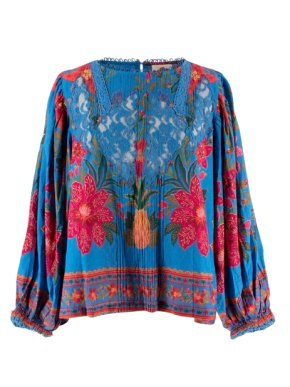 Farm Rio Blue Printed Lace Detail Blouse 1