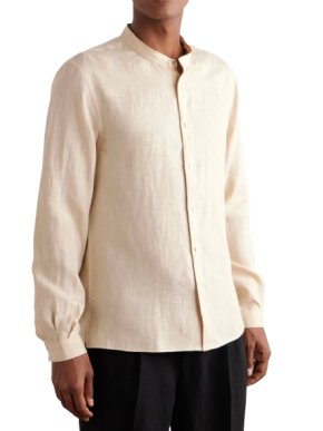 Brunello Cucinelli Neutral Hemp Linen Collarless Shirt 1