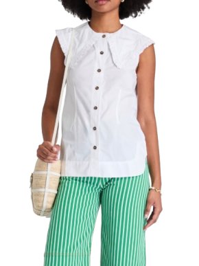 Ganni White Sleeveless Shirt with Oversized Frill Collar 1