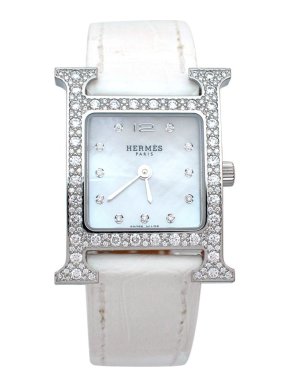 Hermès Heure H Mini Model Watch with Diamond-Set Steel & White Alligator Strap 1