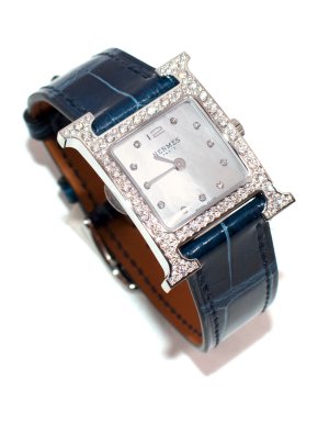 Hermès Heure H Watch Diamond-Set Steel With Navy Blue Alligator Strap 1