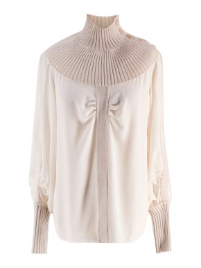Chloe Neutral Silk Blouse with Wool Neck Detail 1