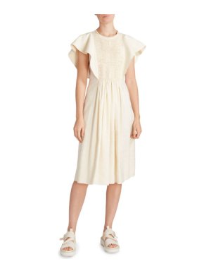 Chloe Flutter Sleeve Seedpearl Beige Midi Dress with Shirred Front Detailing 1