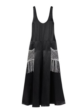 Maria McManus Black Satin Twill Midi Dress with White Macrame Detailing 1