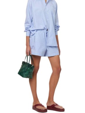 Current Hunza G Blue Pinstripe Crinkle Shorts Tie Waist 1